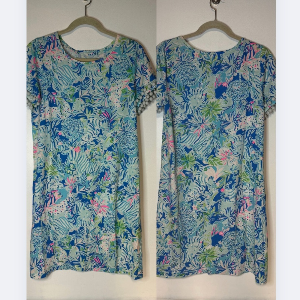 Lilly Pulitzer Lissie Dress in Lion Around Pattern Pom Pom Sleeve Coastal
